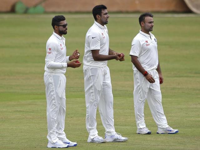 On turning pitches in the West Indies, Maninder Singh feels India should go in with three spinners, including Ravindra Jadeja (extreme left), and two seamers.(AP) On turning pitches in the West Indies, Maninder Singh feels India should go in with three spinners, including Ravindra Jadeja (extreme left), and two seamers.(AP)
