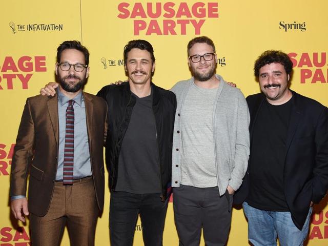 Paul Rudd, James Franco, Seth Rogen and David Krumholtz attend the premiere of Sausage Party at Sunshine Landmark. The film is about a group of sausages who wage war against humans for eating them. (AFP) Paul Rudd, James Franco, Seth Rogen and David Krumholtz attend the premiere of Sausage Party at Sunshine Landmark. The film is about a group of sausages who wage war against humans for eating them. (AFP)
