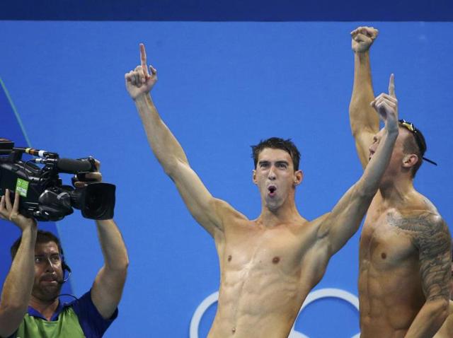 Michael Phelps won his 19th Olympic gold medal as the United States won the 4x100 relay at the Olympics on Sunday. France was second and Australia third. (REUTERS) Michael Phelps won his 19th Olympic gold medal as the United States won the 4x100 relay at the Olympics on Sunday. France was second and Australia third. (REUTERS)