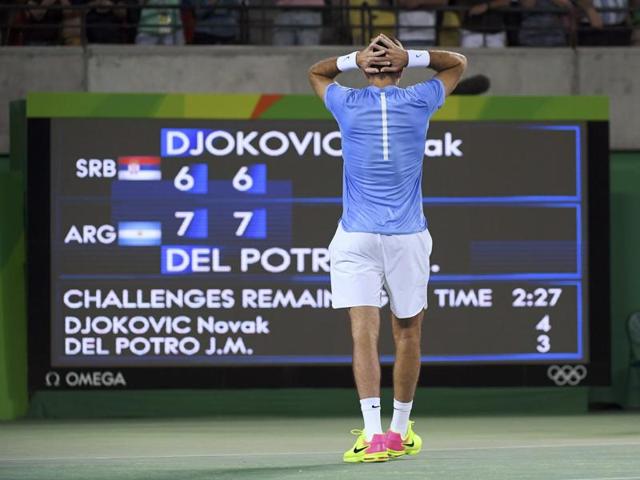 Del Potro used his lethal forehand to stun the Serb with a powerful display to win 7-6(4) 7-6(2) in the biggest upset of the tennis tournament. (REUTERS) Del Potro used his lethal forehand to stun the Serb with a powerful display to win 7-6(4) 7-6(2) in the biggest upset of the tennis tournament. (REUTERS)