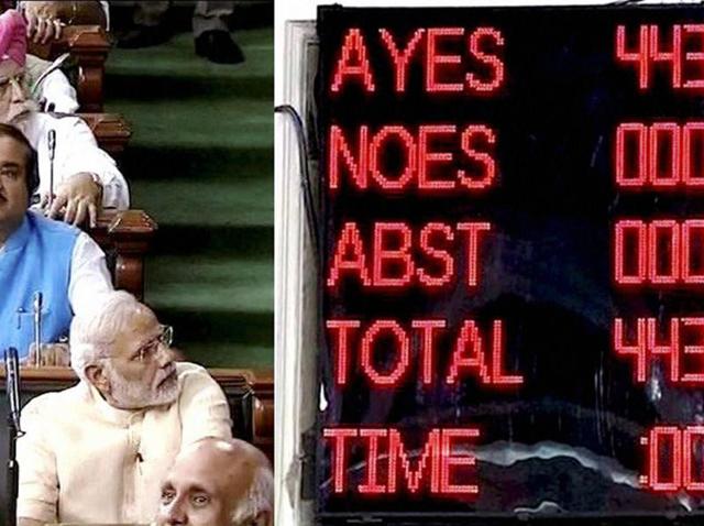 Prime Minister Narendra Modi, home minister Rajnath Singh and Union ministers during the voting on the GST Bill in the Lok Sabha during monsson session in New Delhi. (PTI Photo) Prime Minister Narendra Modi, home minister Rajnath Singh and Union ministers during the voting on the GST Bill in the Lok Sabha during monsson session in New Delhi. (PTI Photo)