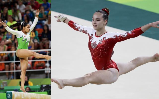 Indian gymnast Dipa Karmakar (L) in an Olympic flame-inspired leotard and Canada’s Shallon Olsen in a rhinestone-encrusted leotard with a signature maple leaf. (PTI ) Indian gymnast Dipa Karmakar (L) in an Olympic flame-inspired leotard and Canada’s Shallon Olsen in a rhinestone-encrusted leotard with a signature maple leaf. (PTI )