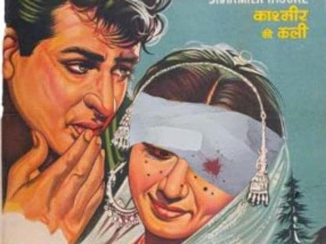 To draw larger attention to the ongoing violence in Kashmir, cartoonist Mir Suhail altered Sharmila Tagore’s face in the movie poster of Kashmir ki Kali, adding an eye -patch and pellet injuries to her face.(Mir Suhail/Twitter)