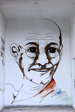 This artwork of Mahatma Gandhi is known as wood chip work. (Waseem Gashroo/HT )