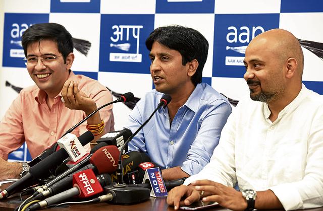 Aam Aadmi Party (AAP) leaders Kumar Vishvas (C), Dilip Pandey (R) and Raghav Chadha in New Delhi on Tuesday. (Mohd Zakir/Hindustan Times) Aam Aadmi Party (AAP) leaders Kumar Vishvas (C), Dilip Pandey (R) and Raghav Chadha in New Delhi on Tuesday. (Mohd Zakir/Hindustan Times)