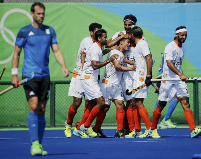 Chinglensana Singh of India (C) celebrates with his teammates after scoring a goal. (REUTERS) Chinglensana Singh of India (C) celebrates with his teammates after scoring a goal. (REUTERS)