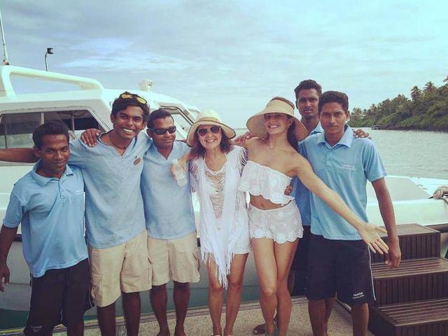 Jacqueline Fernandez with her mother in Maldives.
