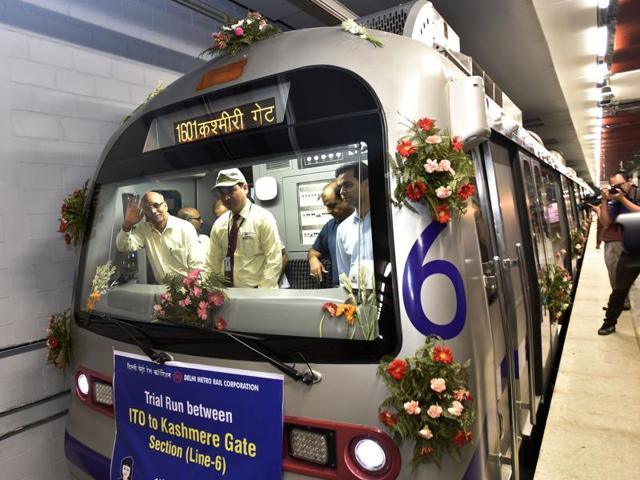 A train arrives at the Delhi Gate Metro station during its trail run between ITO and Kashmere Gate stations. The new 5.1-kilometre-long heritage stretch, known as the Purple Line, will connect ITO to Kashmere Gate via Jama Masjid, Delhi Gate and Red Fort. (AJay Aggarwal/HT PHOTO) A train arrives at the Delhi Gate Metro station during its trail run between ITO and Kashmere Gate stations. The new 5.1-kilometre-long heritage stretch, known as the Purple Line, will connect ITO to Kashmere Gate via Jama Masjid, Delhi Gate and Red Fort. (AJay Aggarwal/HT PHOTO)