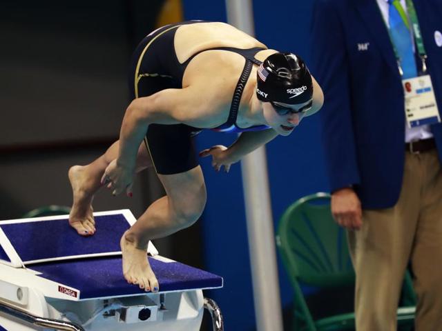 Katie Ledecky of the US comes off the block at the start of the women’s 200-meter freestyle final . She won gold in the event. (NYT) Katie Ledecky of the US comes off the block at the start of the women’s 200-meter freestyle final . She won gold in the event. (NYT)