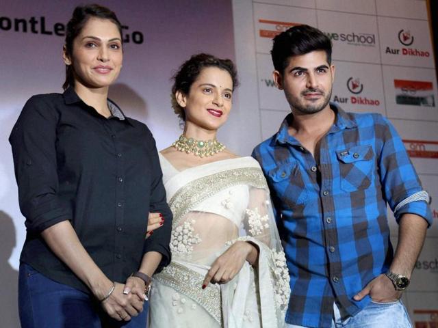 Kangana Ranaut, Isha Koppikar and Kunal Kapoor at the launch of the short film 'Dont let her go' in Mumbai on Wednesday. (PTI)