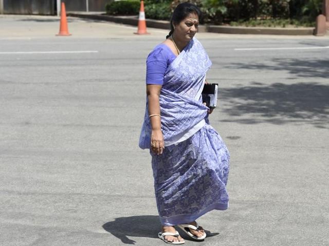 Expelled AIADMK leader Sasikala Pushpa at Parliament House in New Delhi on August 3, 2016. )(Arvind Yadav / HT Photo)