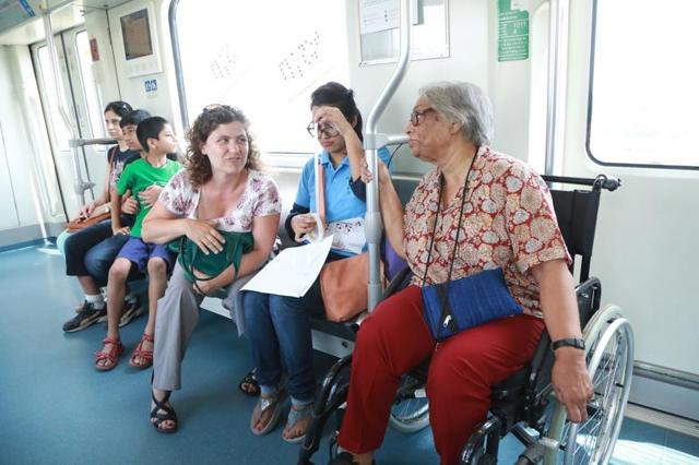 Wheelchair user Chandra Rama Rao shares her travel experiences during the one-hour journey. (Amal KS/HT)