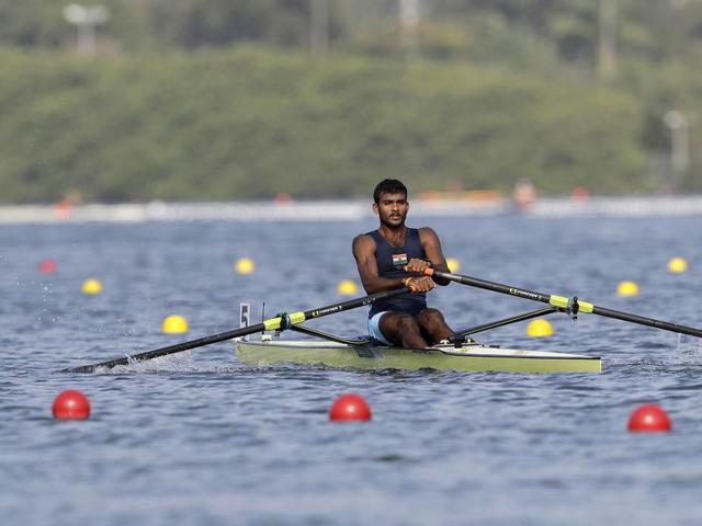 Dattu Baban Bhokanal of India competes in the men's rowing single sculls quarterfinal heats. (AP) Dattu Baban Bhokanal of India competes in the men's rowing single sculls quarterfinal heats. (AP)