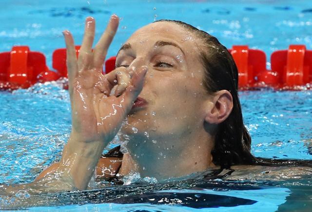 Katinka Hosszu reacts after winning the gold medal in 200m individual medley final . (REUTERS Photo) Katinka Hosszu reacts after winning the gold medal in 200m individual medley final . (REUTERS Photo)