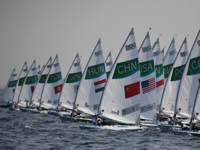 Competitors sail during the Laser Women sailing class on Marina da Gloria. (AFP) Competitors sail during the Laser Women sailing class on Marina da Gloria. (AFP)