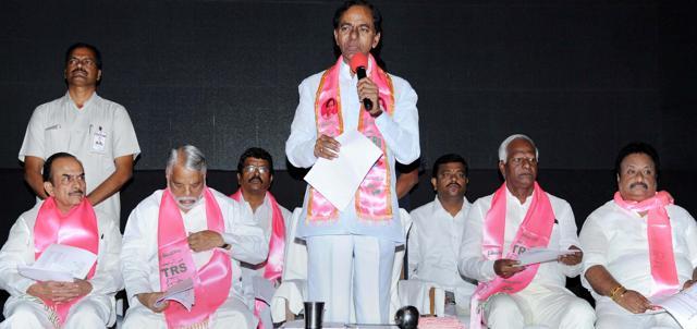 Telangana chief minister and TRS chief K Chandrasekhar Rao addressing the party's legislative party meeting in Hyderabad. (PTI File Photo)