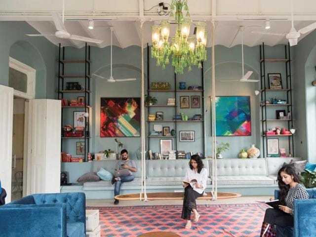 The library at the Ministry of New features a surfboard-shaped swing and hand-woven Jaipur rugs (photo: aalok soni/ht) 