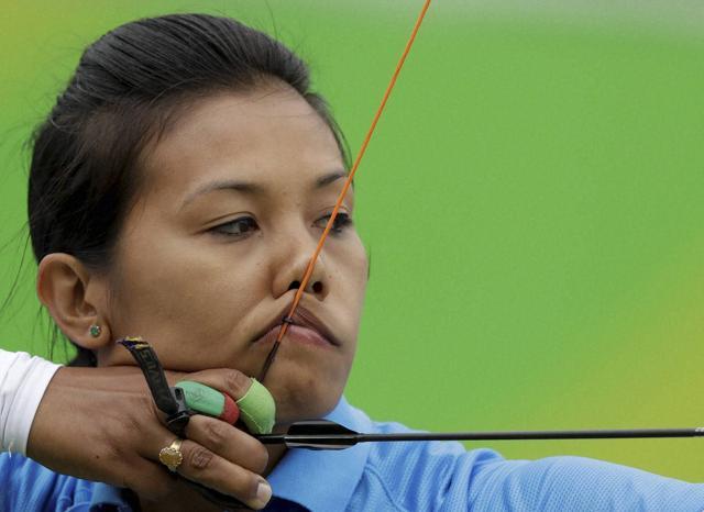 Bombayla Devi Laishram releases her arrow during an elimination round of the individual archery competition. (AP Photo) Bombayla Devi Laishram releases her arrow during an elimination round of the individual archery competition. (AP Photo)