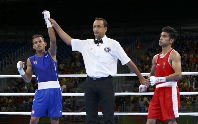 Robeisy Eloy Ramirez Carrazana of Cuba reacts after winning his bout against Shiva Thapa. (REUTERS) Robeisy Eloy Ramirez Carrazana of Cuba reacts after winning his bout against Shiva Thapa. (REUTERS)