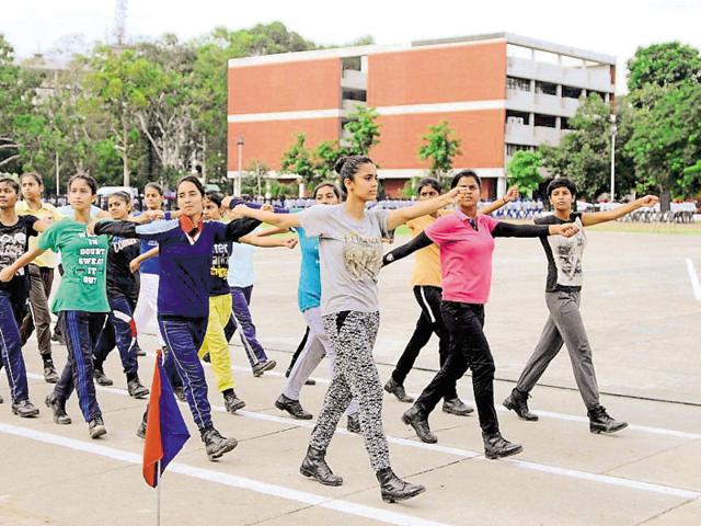 Cadets at rehearsals for the I-Day parade in Chandigarh on Thursday. (Anil Dayal/HT Photo)