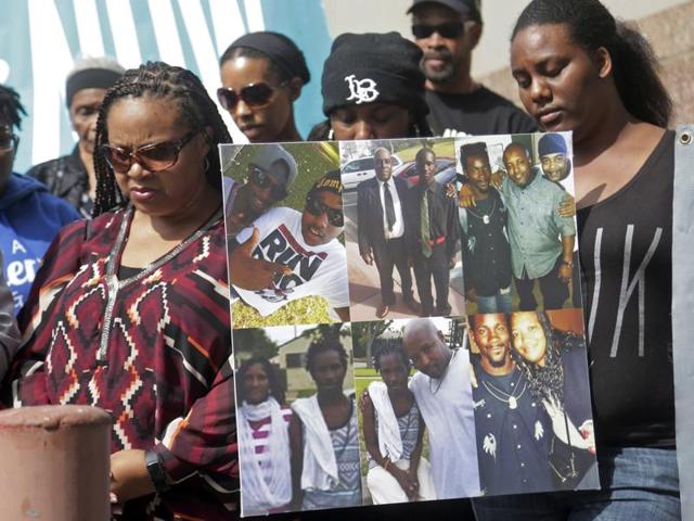 Family members of Donnell Thompson, 27, who was fatally shot by Los Angeles County Sheriff's deputies in Compton, Calif., speak to reporters outside the County Hall of Administration after addressing county supervisors in downtown Los Angeles Tuesday, Aug. 9, 2016.(AP)