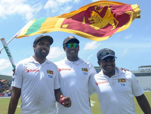 Sri Lanka's captain Angelo Mathews, (C) and spinners Rangana Herath (L) and Dilruwan Perera celebrate the victory in the second Test at The Galle International Cricket Stadium . (AFP) Sri Lanka's captain Angelo Mathews, (C) and spinners Rangana Herath (L) and Dilruwan Perera celebrate the victory in the second Test at The Galle International Cricket Stadium . (AFP)