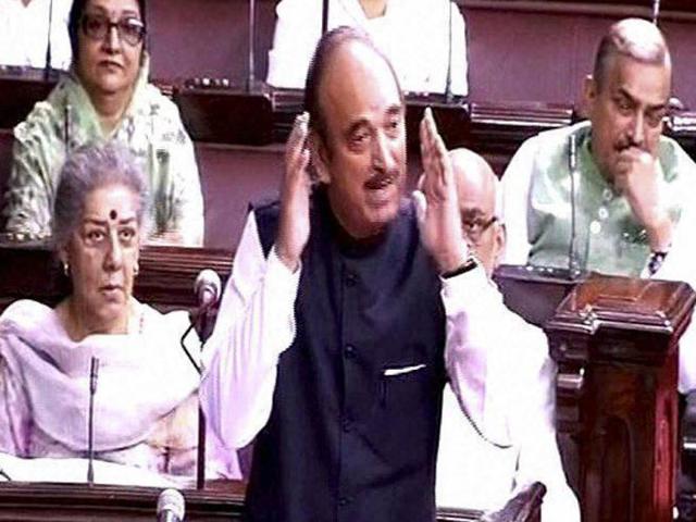 Congress member Ghulam Nabi Azad speaks in the Rajya Sabha in New Delhi on Wednesday during the ongoing monsoon session of Parliament.(PTI)