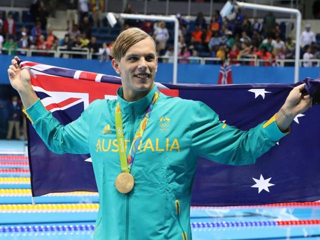 Australia's Kyle Chalmers celebrates after winning his gold medal after the men's 100-meter freestyle. (AP Photo) 
