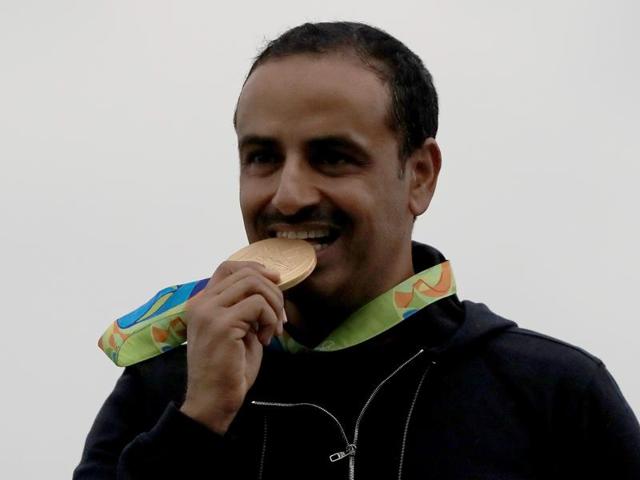 Fehaid Aldeehani reacts after winning the Double Trap final. (Getty Images) Fehaid Aldeehani reacts after winning the Double Trap final. (Getty Images)