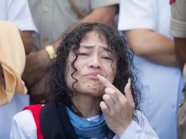 Irom Sharmila reacts during a press conference in Imphal. Sharmila found herself lonely within hours of calling off her protest on Tuesday.(HT Photo)