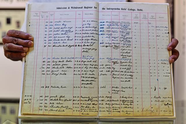 Indraprastha College register giving details of the student including their caste. (Virendra Singh Gosain/HT PHOTO)