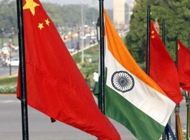 The national flags of China and India at Vijay Chowk on Rajpath.(Arvind Yadav/HT file)