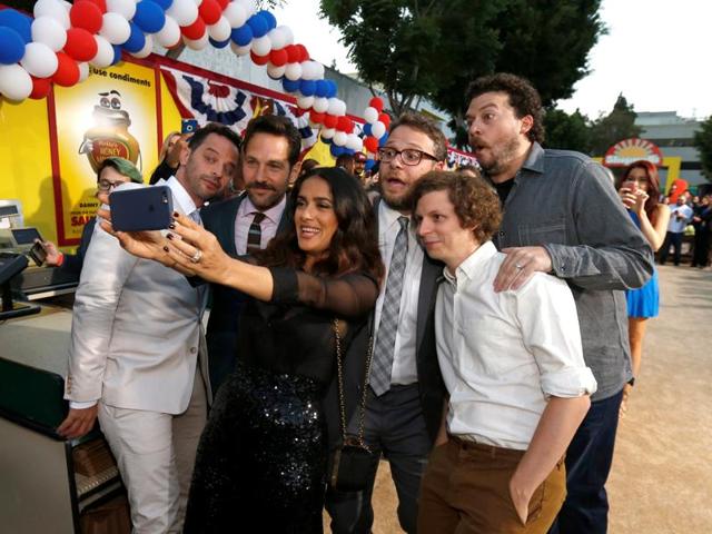 Cast member Salma Hayek takes a selfie with co-stars (L-R) Nick Kroll, Paul Rudd, Seth Rogen, Michael Cera and Danny McBride at the premiere for the movie Sausage Party. (REUTERS) Cast member Salma Hayek takes a selfie with co-stars (L-R) Nick Kroll, Paul Rudd, Seth Rogen, Michael Cera and Danny McBride at the premiere for the movie Sausage Party. (REUTERS)