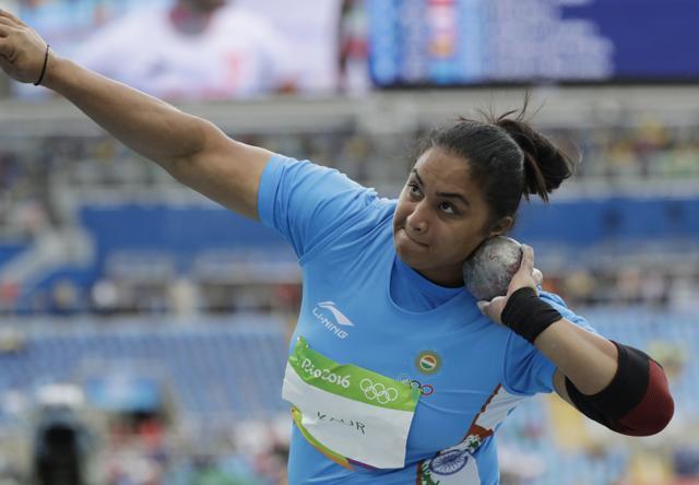 Manpreet Kaur competes in a qualifying round of the women's shot put. (AP)