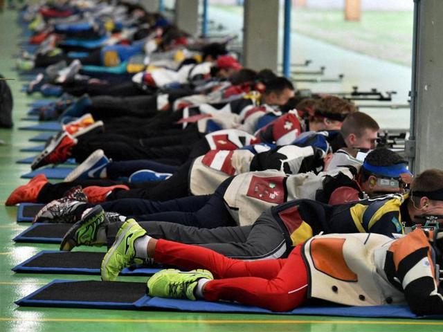 Gagan Narang (3rd R) finished 13th after qualification round with a total of 623.1 points in 50m prone event. (PTI photo)