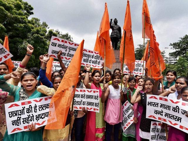 Akhil Bharatiya Vidyarthi Parishad (ABVP) activists protest against the Bulandshahr gangrape case in Lucknow on Friday. (PTI) Akhil Bharatiya Vidyarthi Parishad (ABVP) activists protest against the Bulandshahr gangrape case in Lucknow on Friday. (PTI)