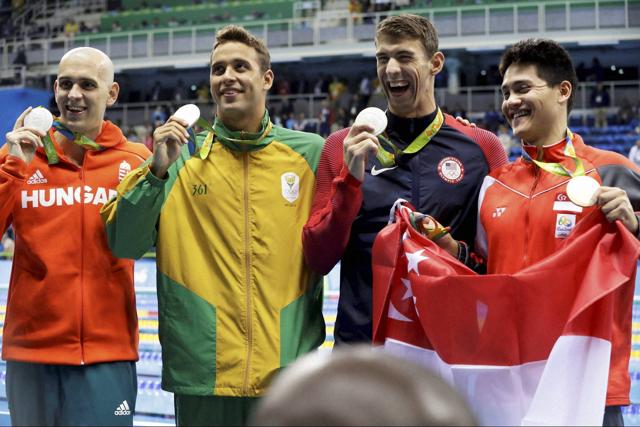 Silver medallists - Hungary's Laszlo Cseh (from left), South Africa's Chad Le Clos and US' Michael Phelps and Singapore's gold medal winner Joseph Schooling on the podium. (AP)