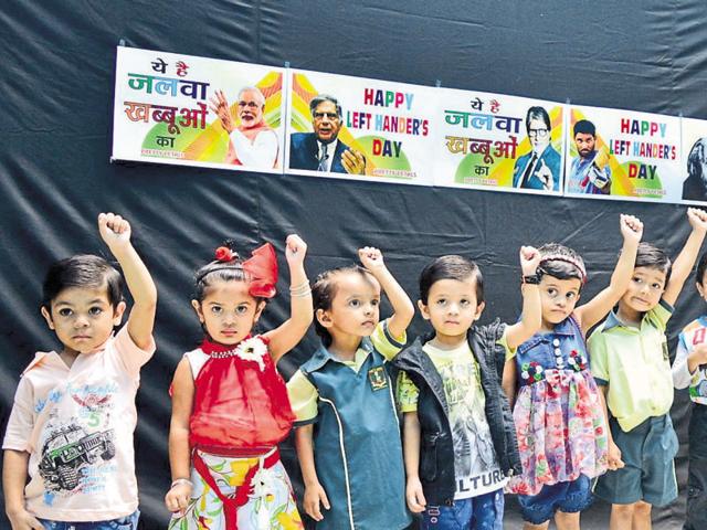 Lefthanders Day being celebrated at Pretty Petals School in Bhopal on Friday. (HT photo) Lefthanders Day being celebrated at Pretty Petals School in Bhopal on Friday. (HT photo)