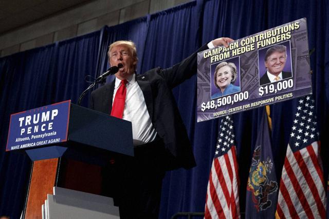 Trump holds up a sign during a campaign rally on Friday (AP)