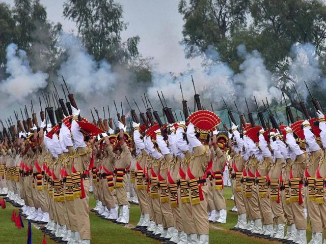 Police contingents perform 'Harsh Fire' during full dress rehearsal of Independence Day parade at Motilal Nehru Stadium in Bhopal. (PTI)