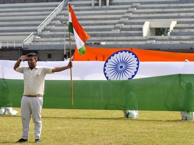 Students participate in the full dress rehearsal for the Independence Day at Guru Nanak Stadium in Ludhiana. (Gurminder Singh/ HT Phoyo)