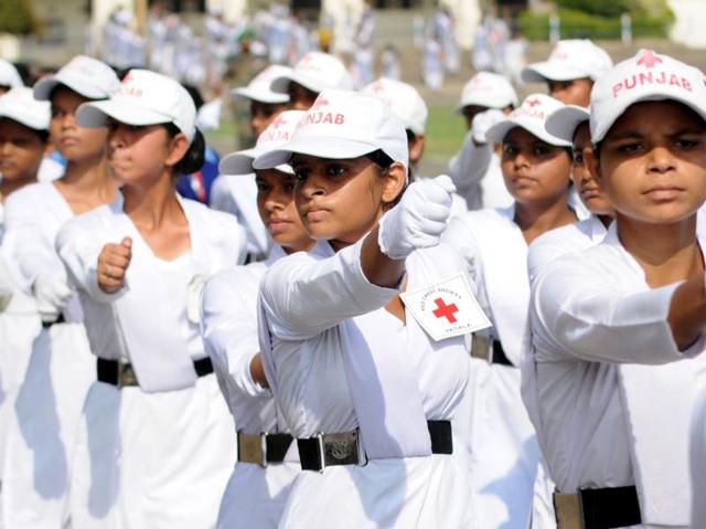 Cadets during full dress rehearsal parade at YPS Stadium Patiala on Saturday. (Bharat Bhushan/HT Photo)