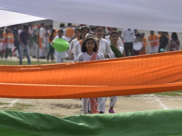 School girls performing at Guru Nanak Stadium in Amritsar on Saturday. (Gurpreet Singh/HT Photo)