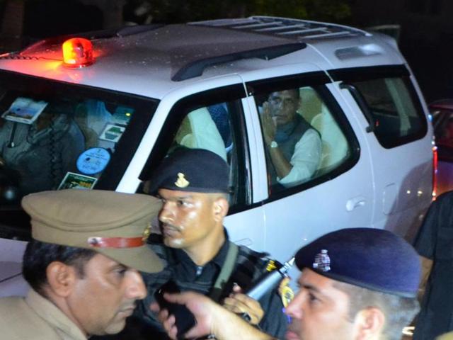 Union Home Minister Rajnath Singh visits injured BJP leader Brijpal Teotia in Noida on Saturday. Union Home Minister Rajnath Singh visits injured BJP leader Brijpal Teotia in Noida on Saturday.