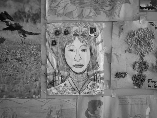 A sketch of Irom Sharmila in her room at Jawaharlal Nehru Hospital. In the custody of the Imphal police on charges of attempt to suicide, she has here spent most of her 5,757 days of hunger strike. Throughout she has been force-fed a rich diet through a nasal pipe. (Saumya Khandelwal/HT PHOTO) A sketch of Irom Sharmila in her room at Jawaharlal Nehru Hospital. In the custody of the Imphal police on charges of attempt to suicide, she has here spent most of her 5,757 days of hunger strike. Throughout she has been force-fed a rich diet through a nasal pipe. (Saumya Khandelwal/HT PHOTO)