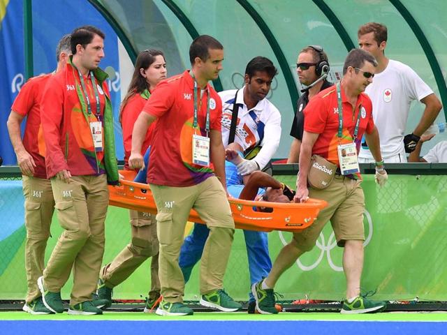 But India suffered a big blow as one of the mainstay, SV Sunil injured his wrist and had to be stretchered off . (AFP photo)