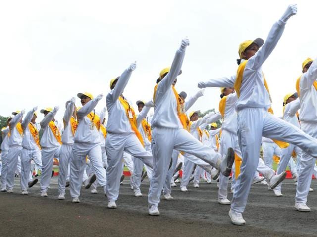 Full dress rehearsal for Independence Day 2016 at Motilal Nehru stadium in Bhopal. (Praveen Bajpai/ HT PHOTO)