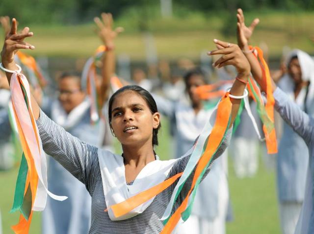 School students rehearsing for their dance performance. (Bharat Bhushan/HT Photo)