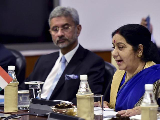 External affairs minister Sushma Swaraj during delegation level talks with her Chinese counterpart Wang Yi in New Delhi on Saturday.(PTI)