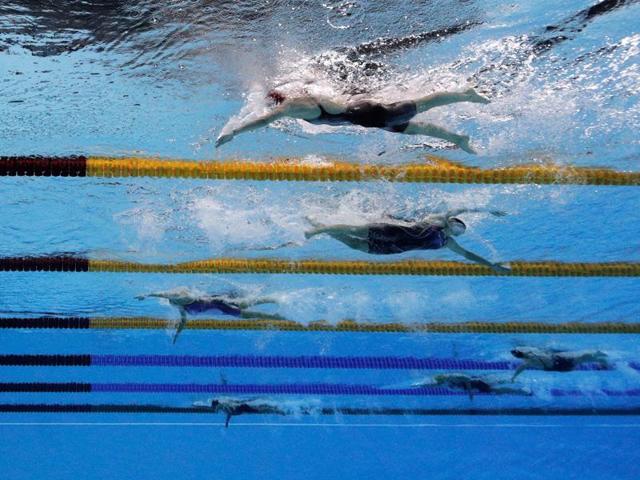 She’s not going the wrong way, she’s just that far ahead. Ledecky was merely racing the clock as she powered away from the field to touch in 8 minutes, 4.79 seconds, eclipsing the mark of 8:06.68 that she set at a grand prix meet in Texas back in January. (Getty Images)